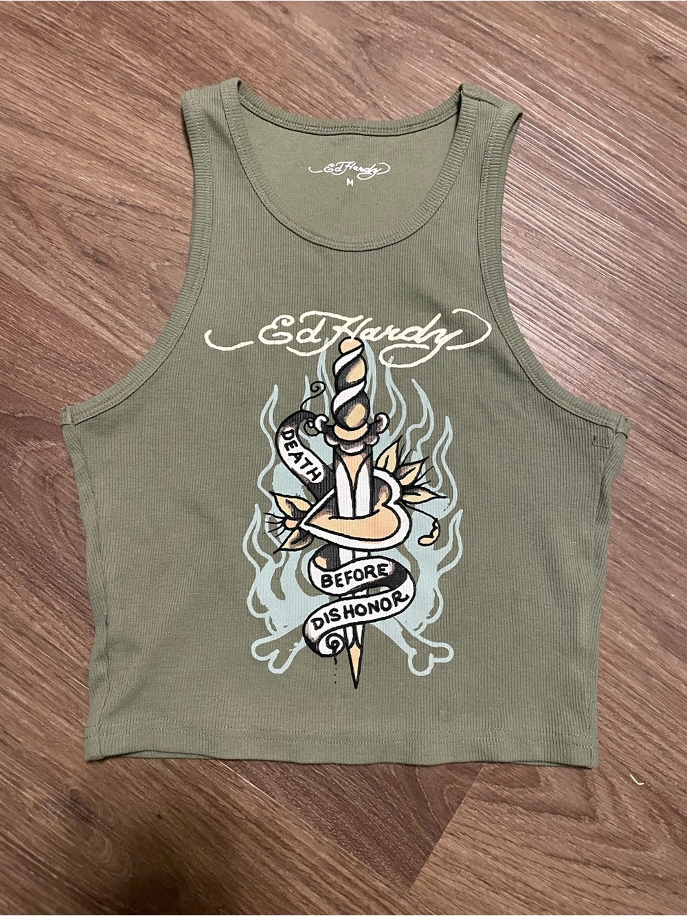 Ed Hardy Olive Graphic Ribbed Crop Tank